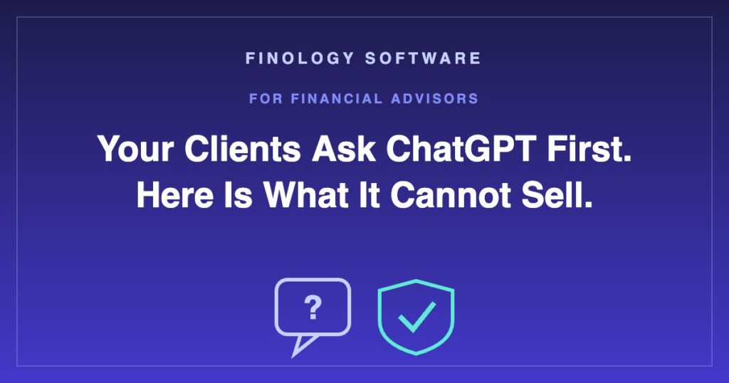 Chat bubble with a question mark next to a shield with a check mark, on an indigo background with the title Your Clients Ask ChatGPT First, Here Is What It Cannot Sell