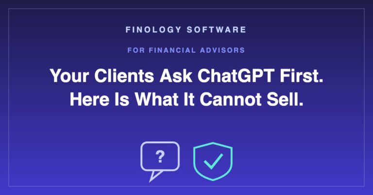 Chat bubble with a question mark next to a shield with a check mark, on an indigo background with the title Your Clients Ask ChatGPT First, Here Is What It Cannot Sell