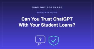 Chat bubble with a question mark next to a shield with a check mark, on an indigo background with the title Can You Trust ChatGPT With Your Student Loans