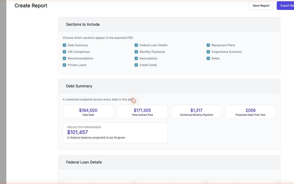 Finology Software branded client report builder with selectable sections and a debt summary