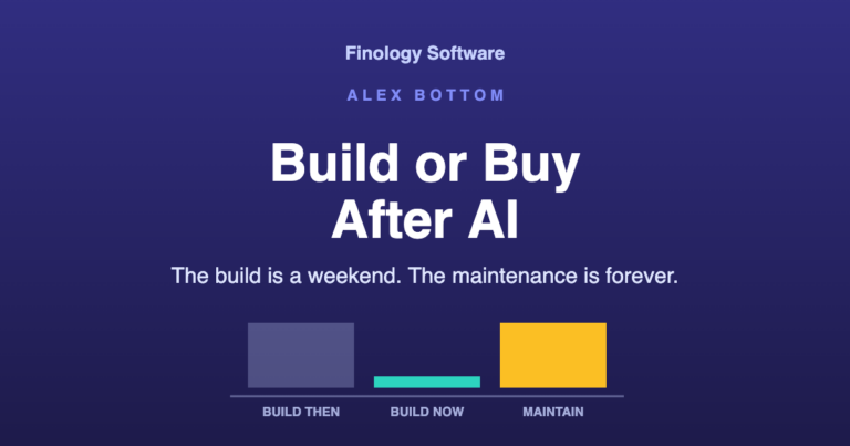Build or buy after AI. The build is a weekend, the maintenance is forever. Chart showing build cost collapsing while maintenance cost stays flat.
