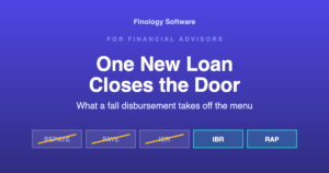 One new loan closes the door: what a fall disbursement takes off the menu. REPAYE, PAYE and ICR struck through; IBR and RAP remain. Finology Software.