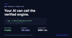 Finology Software MCP server and public API: run npx -y @finology/mcp-server with no key, four free tools, 100-call sandbox, $499 a month production tier.